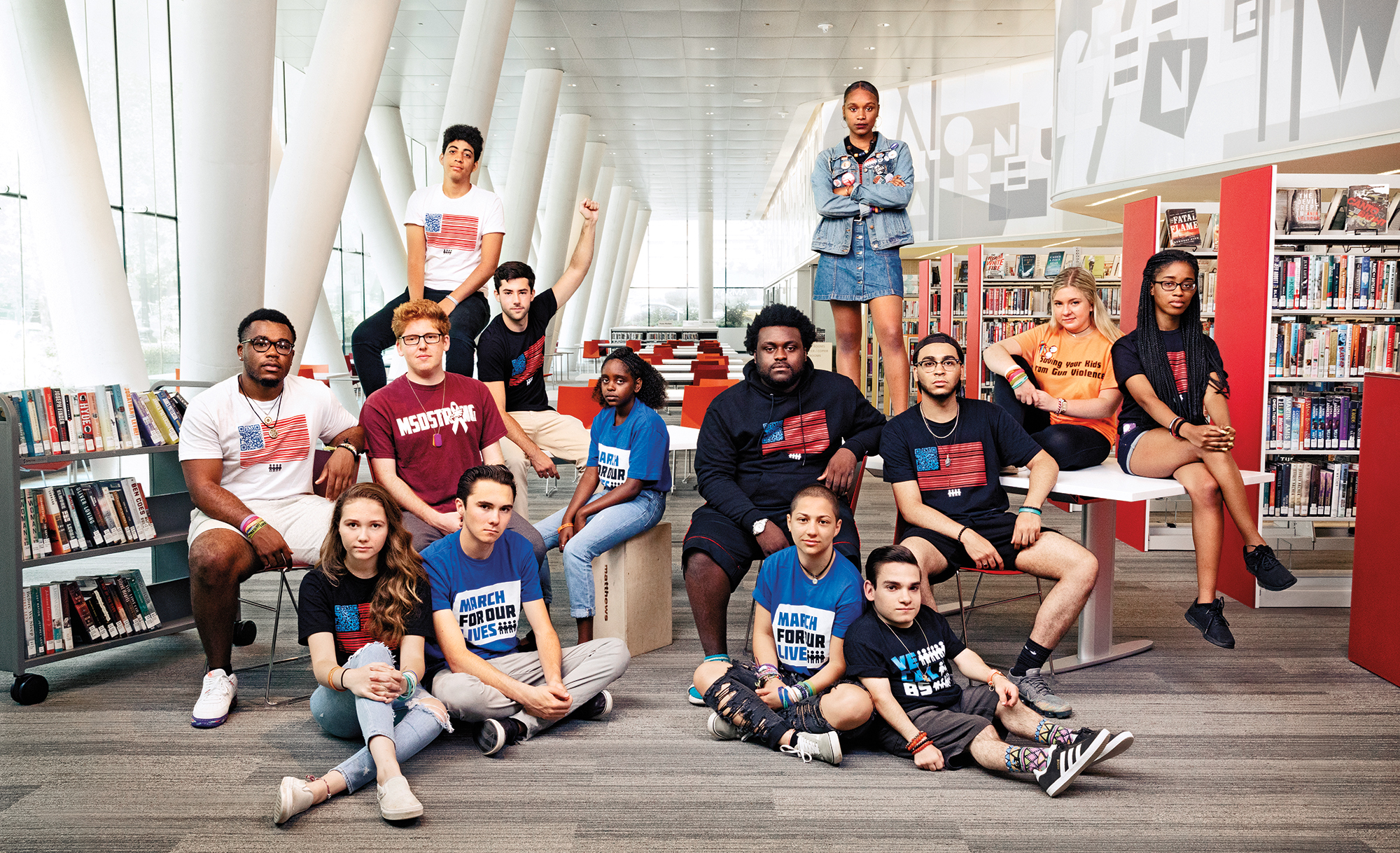 March for Our Lives activists pose for a photo in Washington, D.C., in July 2018. Top, from left: Daniel Williams and Bria Smith. Seated, middle row, from left: Jammal Lemy, Matt Deitsch, Matt Post, Naomi Wadler, Alex King, Ramon Contreras, Jaclyn Corin, and Kyrah Simon. Seated on the floor, from left: Lauren Hogg, David Hogg, Emma González, and Brandon Farbstein. (Jesse Dittmar)